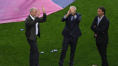 Chelsea owner Roman Abramovich celebrates on the pitch after the Uefa Champions League final. PA