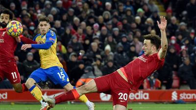 Liverpool's Diogo Jota shoots at goal. AP