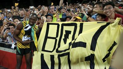 Usain Bolt celebrates after winning gold in the men’s 100-metre final on Sunday at the World Championships in Beijing. Phil Noble / Reuters