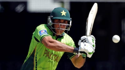 Pakistan's Nasir Jamshed playing in a World Cup match against Zimbabwe in 2015. Reuters