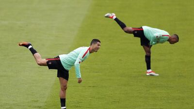 Portugal’s Cristiano Ronaldo and Nani during training. REUTERS/John Sibley
