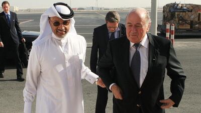 Mohamed bin Hammam, then Asian Football Confederation president, shown with Fifa president Sepp Blatter in December, 2010 during an official visit to Qatar by Blatter. AFP Photo