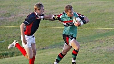 Jeremy Manning, right, and the Abu Dhabi Harlequins put on a masterclass display against the young Dubai Exiles team.