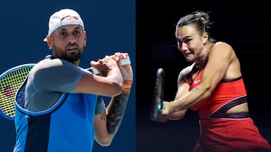 Aryna Sabalenka, right, will take on Nick Kyrgios in an exhibition match in Dubai. Getty Images