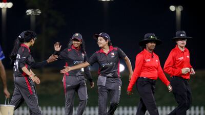 UAE players celebrate after beating Zimbabwe.