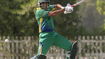 Pakistan’s Waqar Younis during an international friendly match against Nepal yesterday at Academy Oval grounds at Zayed Cricket Stadium in Abu Dhabi. Ravindranath K / The National