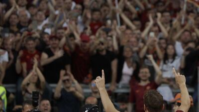 Roma's Francesco Totti salutes his fans after his final match for the club against Genoa at the Olympic stadium in Rome, Sunday, May 28, 2017. AP Photo