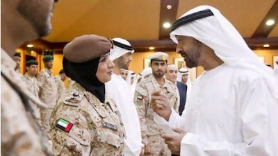 Sheikh Mohammed bin Zayed, Crown Prince of Abu Dhabi and Deputy Supreme Commander of the UAE Armed Forces, speaks with Lt Col Dr Aisha Al Dhaheri after the screening.