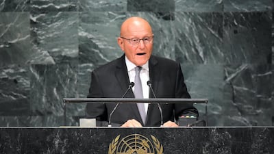 Tammam Salam, President of the Council of Ministers of the Lebanese Republic addresses the 71st session of the United Nations General Assembly at the UN headquarters in New York on September 22, 2016. AFP
