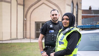 Police Constable Uzma Amireddy and PC Arfan Rahouf at Bull Lane Mosque in York, North Yorkshire. North Yorkshire Police