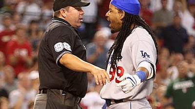 Manny Ramirez argues with home plate umpire Doug Eddings after being ejected against the Arizona Diamondbacks.