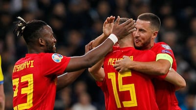 Belgium's Thomas Meunier center, celebrates after scoring his side's second goal against Kazakhstan at the Astana Arena Stadium. AP