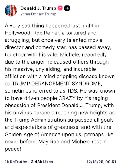 Donald Trump posted this message on Truth Social on Monday, December 15