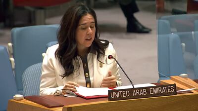 Lana Nusseibeh, the UAE's ambassador to the UN, issued a call on Tuesday for member states to take more steps to mitigate climate change. Photo: Screengrab from video by The National