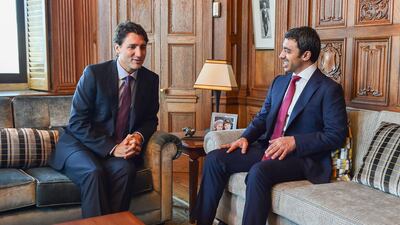 Sheikh Abdullah bin Zayed, Minister of Foreign Affairs and International Cooperation, meets with Canadian Prime Minister Justin Trudeau. Wam