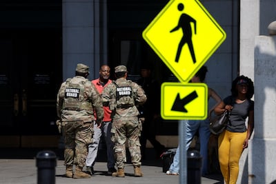 Members of the National Guard patrol outside Union Station in Washington. Reuters
