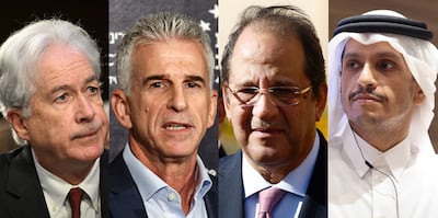 CIA director William Burns, Israel's Mossad chief David Barnea, Egyptian General Intelligence Directorate chief Abbas Kamel, and Qatar's Prime Minister Sheikh Mohammed bin Abdulrahman Al Thani. AFP, Getty Images