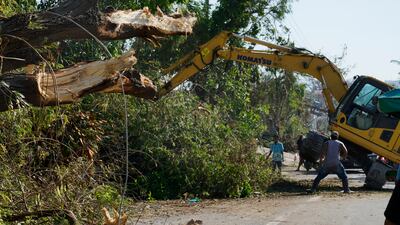 Workers move toppled trees from a road in Talisay. AP