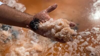 A handful of salt crystals scooped from the pink lake in Ras Al Khaimah. Kelly Clarke / The National