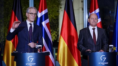 Norwegian Prime Minister Jonas Gahr Store, left, and German Chancellor Olaf Scholz in Berlin, Germany, on Wednesday. AP