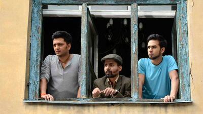 Riteish Deshmukh, left, and Pulkit Samrat, far right, in Bangistan. Courtesy Excel Entertainment