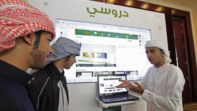 UAE youths (from right) Abdulla Alnoun, Saeed Rashed Saeed and Ahmed Saeed Alsareidi at the official launch of Duroosi - Etisalat’s Arabic online video tutorials on its YouTube channel. Jeffrey E Biteng / The National
