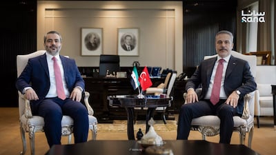 Syrian Foreign Minister Asaad Al Shibani with his Turkish counterpart Hakan Fidan in Ankara. Photo: Sana