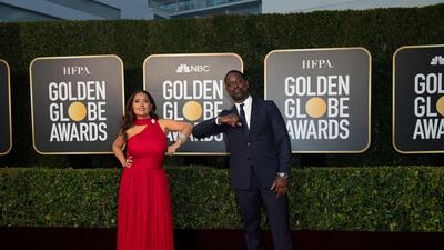 Salma Hayek, in Alexander McQueen, and Sterling K Brown attend the 78th annual Golden Globe Awards in Beverly Hills, California, on February 28, 2021. AFP