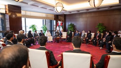 Sheikh Mohamed speaks with the Emirati students. Sheikh Hamed bin Zayed also attended the event.