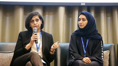 Dr Mahshid Salehi, left, director of the Dubai Centre for Special Needs, and Dr Sara Mohammad, manager of transport integration at RTA, during a panel discussion in the Future Accessibility and Assistive Technology Summit in Dubai. Pawan Singh / The National