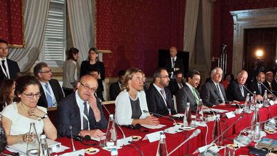 Foreign ministers – including UAE Minister for Foreign Affairs Sheikh Abdullah bin Zayed – and their staff attend a meeting of foreign ministers of the G7 in Lucca, Italy on April 11, 2017. Riccardo Dalle Luche / ANSA via AP