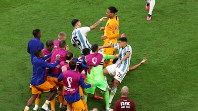 Tempers fray late in the game after Leandro Paredes booted the ball at the Dutch bench. Getty