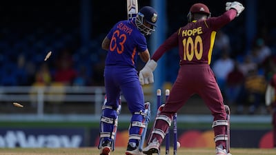 West Indies' Shai Hope celebrates the dismissal of India's Suryakumar Yadav. AP