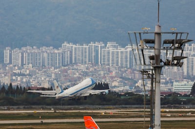 Air Force One, with US President Donald Trump on board, leaves Busan in South Korea on Thursday. Reuters