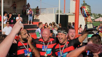 Sharjah Wanderers celebrate victory against the Jebel Ali Dragons II in the finals of the UAE Conference at the Sharjah Wanderers Sports Club on 25 March, 2016. Navin Khianey for The National