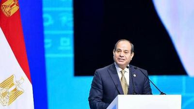 President Abdel Fattah El Sisi delivers his opening remarks at the World Youth Forum on Monday in the Red Sea resort city of Sharm El Sheikh. Photo: The Arab Republic of Egypt Presidency