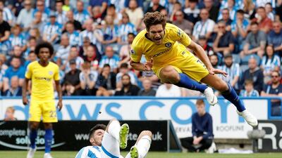 Huddersfield Town's Christopher Schindler fouls Chelsea's Marcos Alonso and a penalty is awarded to Chelsea. Action Images / Reuters