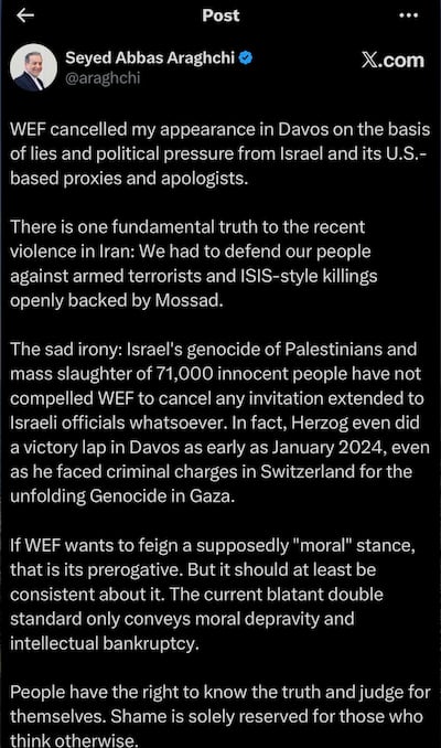 Iranian Foreign Minister Abbas Araghchi criticised the WEF for cancelling his appearance at its annual meeting in Davos