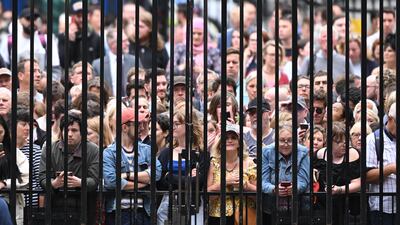 Crowds gather at the gates of Downing Street in London before a resignation speech from Prime Minister Boris Johnson. Getty Images