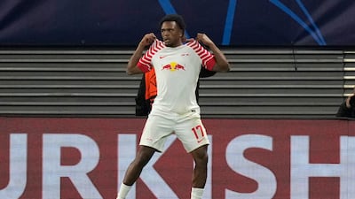 Leipzig's Lois Openda celebrates after scoring his side's first goal. AP