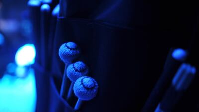 A drummer’s kit bag in the set-up area before the start of the Bon Jovi concert at Du Arena in Abu Dhabi. Delores Johnson / The National