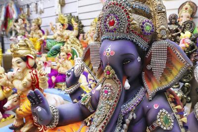 Colourful Ganesh statues made of plaster on display at Madhoor store in Bur Dubai. Pawan Singh / The National
