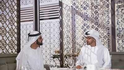 Sheikh Mohammed bin Rashid and Sheikh Mohammed bin Zayed during iftar at the Saraya Ramadan Tent on the Corniche. Ryan Carter / Crown Prince Court — Abu Dhabi