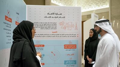 Sheikh Hamdan bin Mohammed, Crown Prince of Dubai, listens to a Capstone project presentation.