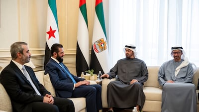 Sheikh Mohamed with Mr Al Shara. Also present were Sheikh Abdullah bin Zayed, Deputy Prime Minister and Minister of Foreign Affairs, and Syrian Foreign Minister Asaad Al Shibani