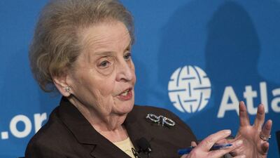 Former US secretary of state Madeleine Albright speaks during the launch of the Middle East Strategy Task Force at the Atlantic Council in Washington. Saul Loeb / AFP