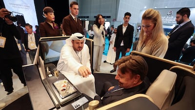 New first and business-class seats on Etihad are on display at the Arabian Travel Market held at World Trade Centre, Dubai. Chris Whiteoak / The National