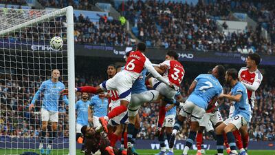 Gabriel heads home Arsenal's second goal in first-half injury time. Reuters