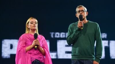 Amelia Dimoldenberg and Louis Theroux speak during the show. Getty Images