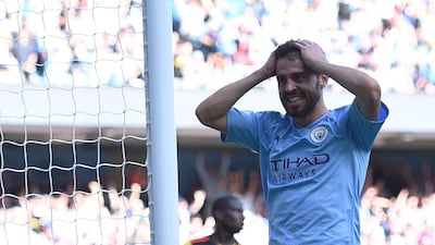 Manchester City's Portuguese midfielder Bernardo Silva celebrates after he scores the team's seventh goal in an 8-0 win over Watford on Saturday. AFP